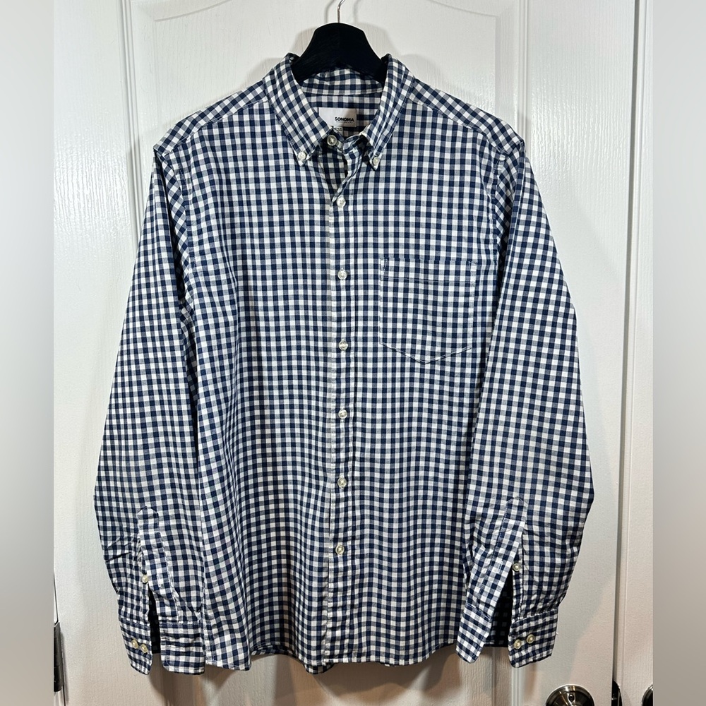 Sonoma Men’s Long Sleeve Button Down Blue Checkered Shirt, Size: Medium